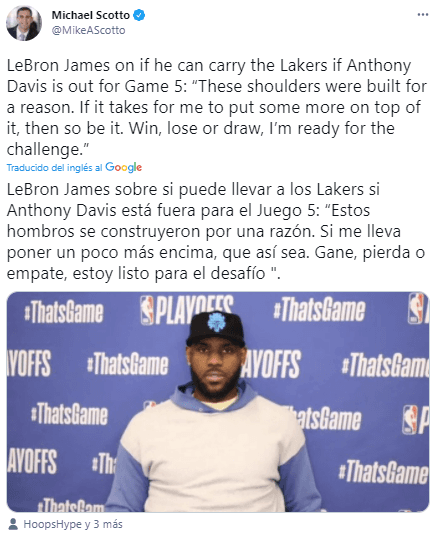 Declaraciones de LeBron sobre la lesión de Davis (Foto: @MikeAScotto)