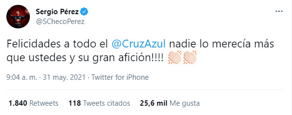 Checo Pérez saluda a Cruz Azul