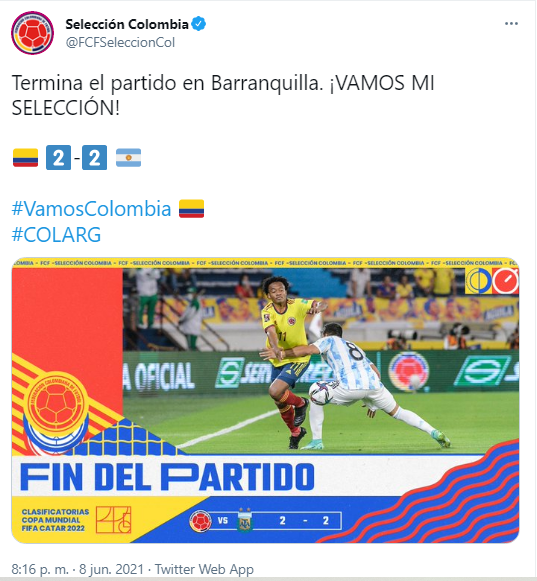 Selección Colombia empató 2-2 con Argentina.