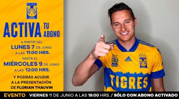 Florian Thauvin será presentado en el Estadio Universitario. (@TigresOficial)