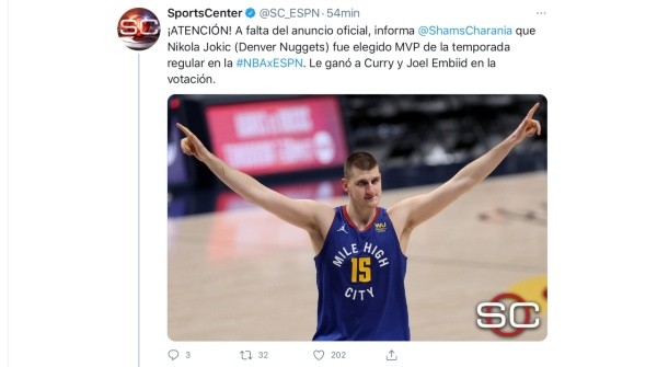 Nicola Jokic fue el mejor de la temporada 2020-2021 (@SC_ESPN)