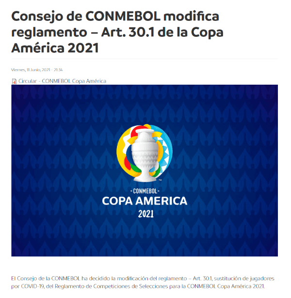 Anuncio en la página oficial de la CONMEBOL sobre el nuevo cambio en el reglamento