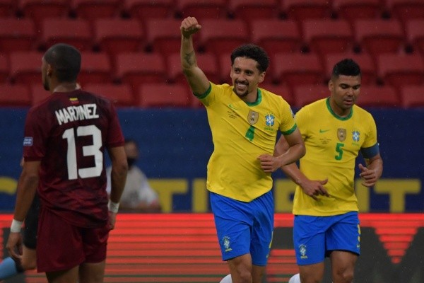 Marquinho abre o placar para o Brasil contra a Venezuela. (Foto: Twitter Copa América)
