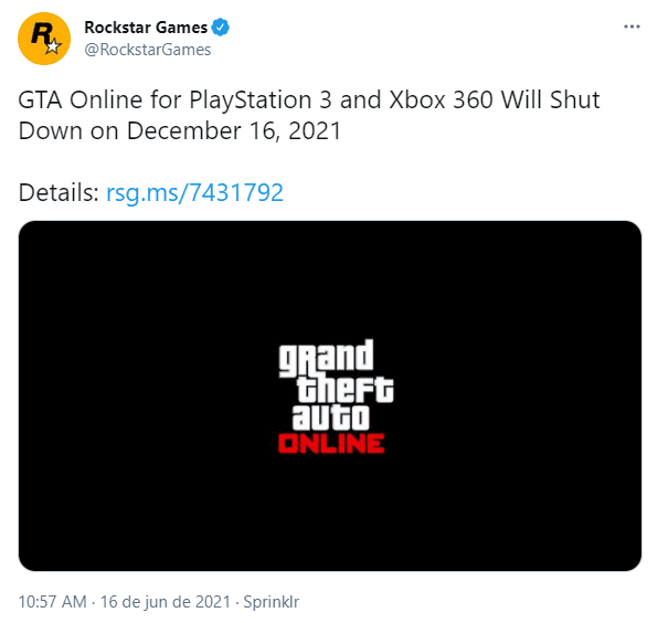 Anúncio oficial feito pela Rockstar (Captura de tela)