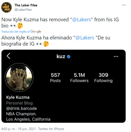 Kyle Kuzma habría borrado a los Lakers de su perfil en Instagram (Foto: @TheNBACentral)