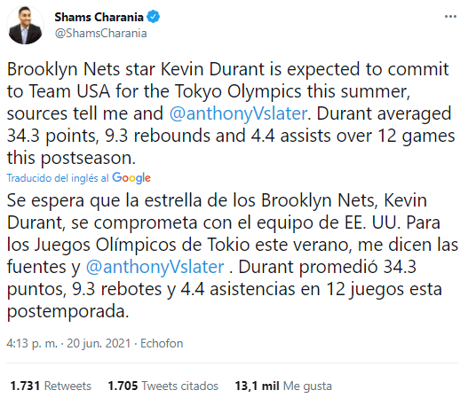 Durant iría a los Juegos Olímpicos Tokio 2020