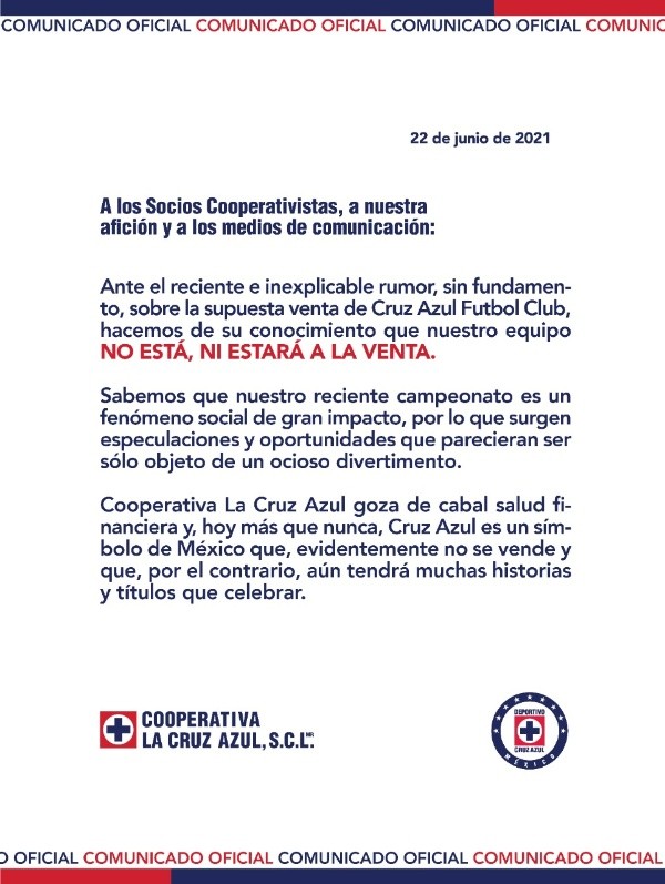La Cooperativa descarta la venta del club. (Cruz Azul)