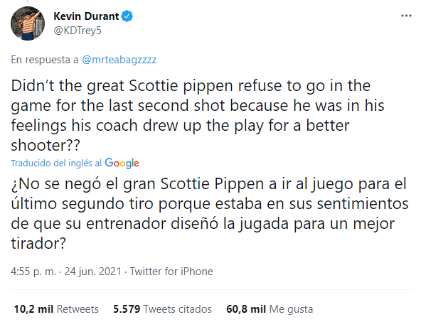 Kevin Durant le responde Scottie Pippen (Foto: @KDTrey5)