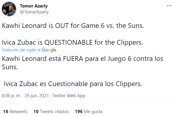 Estado de Kawhi Leonard para el Juego 6 vs Suns