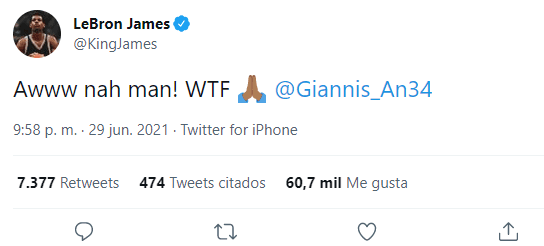 Reacción de LeBron a la lesión de Giannis (Foto: @kingjames)