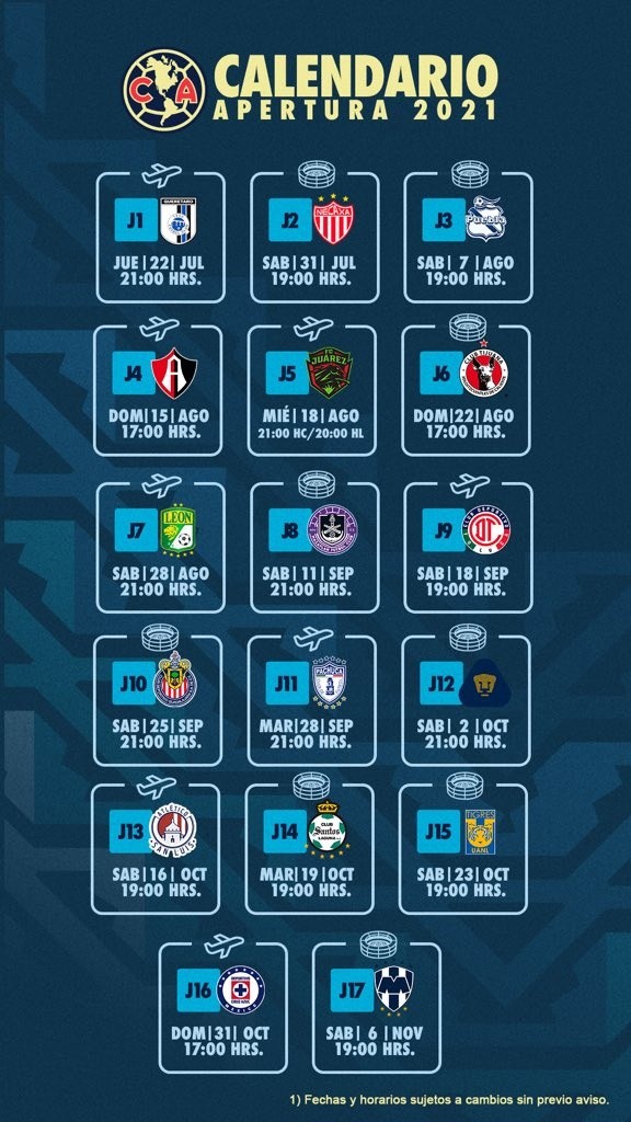 El calendario del América en el Torneo Apertura 2021. (Foto: Twitter Club América).