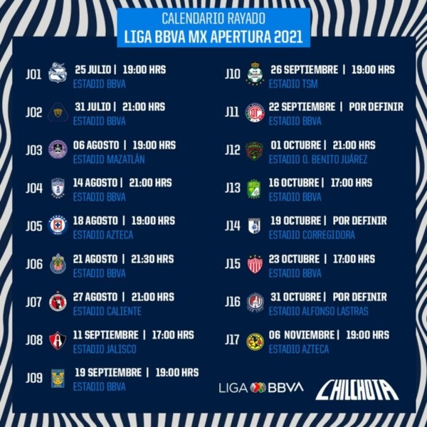 El calendario de Rayados de Monterrey en el Torneo Apertura 2021. (Foto: Twitter Rayados).