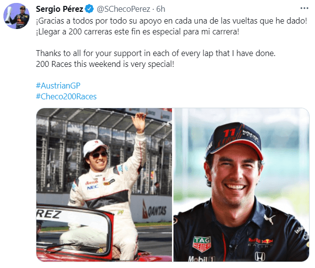 Checo se expresó sobre sus 200 GP. (@SChecoPérez)