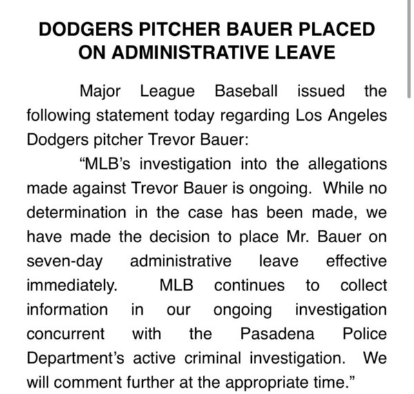 El comunicado oficial de MLB por Trevor Bauer (@beisbolpuro)