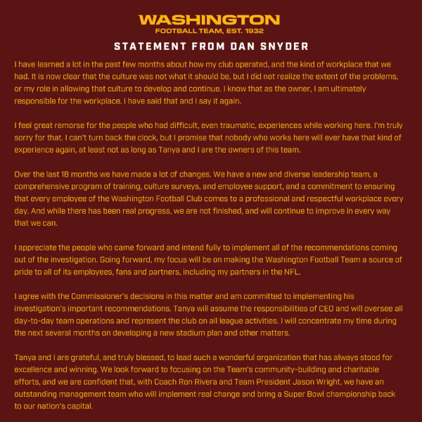 El comunicado de Washington FT por sanción de NFL (@WashingtonNFL)