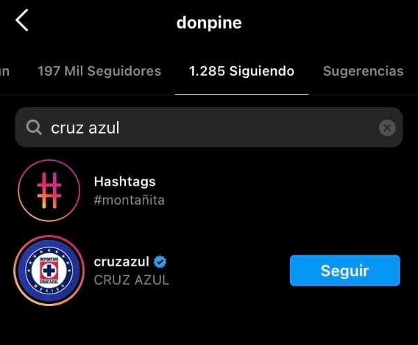 Pineida empezó a seguir a Cruz Azul en Instagram.