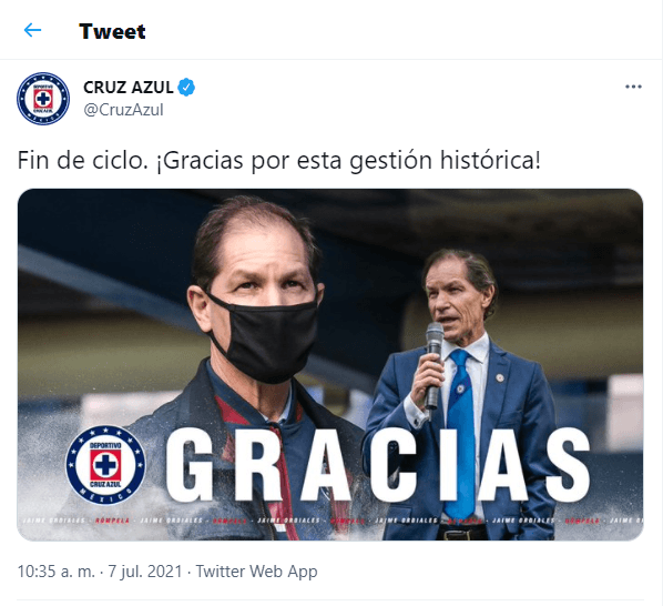 El tuit de despedida de Cruz Azul.