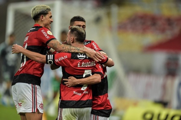 Flamengo comemorando gol pelo Brasileirão. (Foto: Thiago Ribeiro/AGIF)