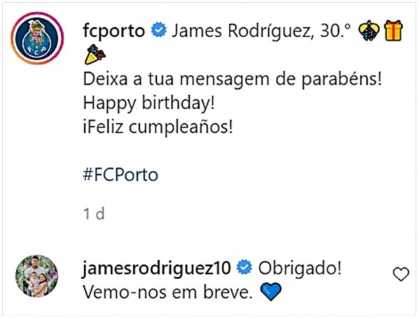 Mensaje del Porto y respuesta de James Rodríguez