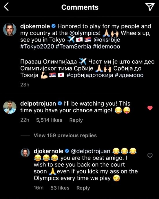 El divertido cruce en Instagram entre Djokovic y Del Potro