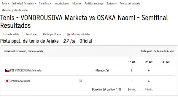 Resultado sorpresivo, la eliminación de Naomi Osaka (Olympics.com)