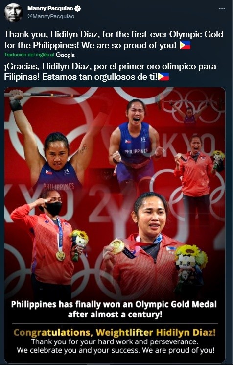 Manny Pacquiao felicitó a Hidilyn Díaz tras ganar primer oro olímpico para Filipinas