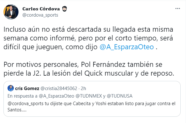 Tuit de Carlos Córdova (TW Carlos Córdova)
