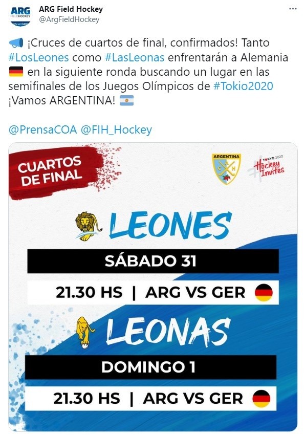 Argentina vs. Alemania EN VIVO ONLINE por el hockey masculino de los Juegos  Olímpicos Tokio 2020: fecha, horario y canales de TV para ver a Los Leones