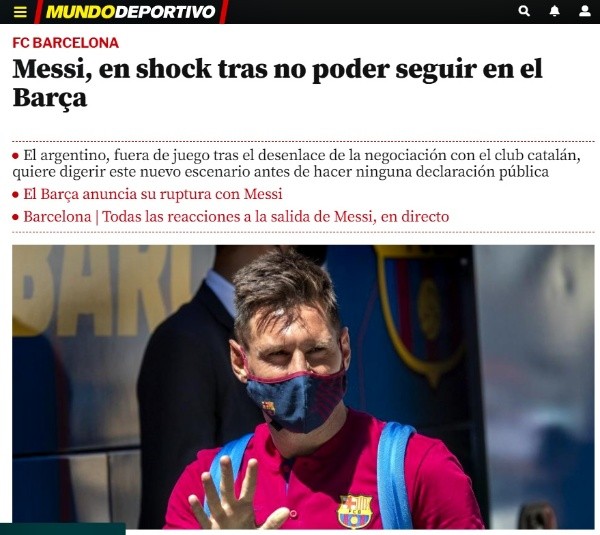 Portada de Mundo Deportivo con la reacción de Messi a su salida del Barcelona