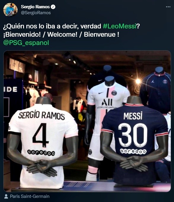 La bienvenida de Sergio Ramos a Messi al PSG (Twitter @SergioRamos)