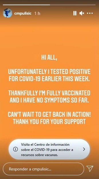 Mensaje de Pulisic en Instagram sobre caso positivo de COVID-19