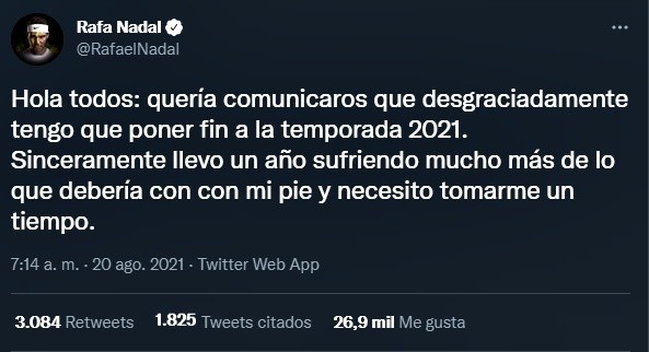 Tuit de Rafael Nadal anunciando el final de su temporada 2021