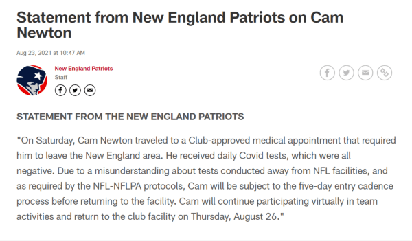 El comunicado oficial por Cam Newton (New England Patriots)