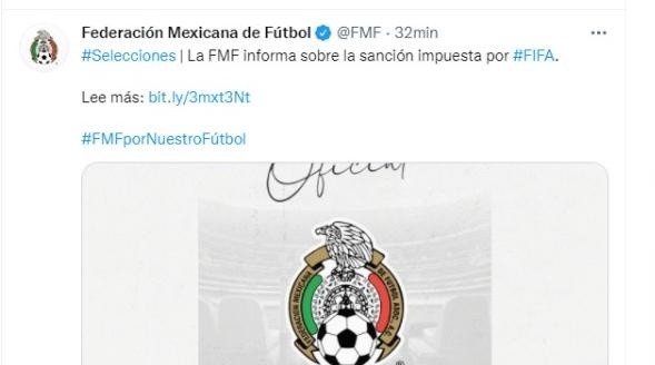 Sanción a la FMF | Twitter de la Federación Mexicana de Fútbol