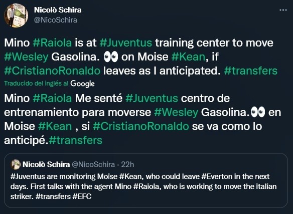 Moise Kean volvería a Juventus para reemplazar a Cristiano (Twitter @NicoSchira)