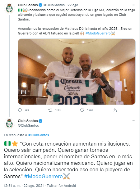 El tuit de Santos Laguna.
