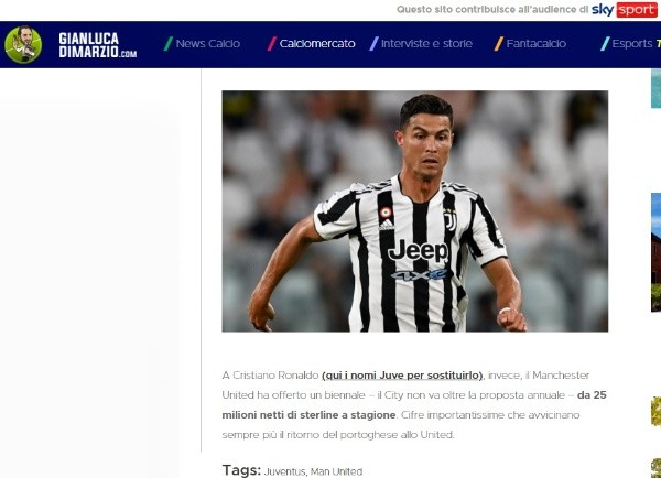 Cristiano Ronaldo al Manchester United con importante salario (gianlucadimarzio.com)