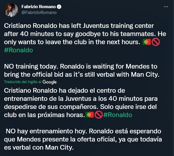 Cristiano Ronaldo se despidió de sus compañeros de Juventus (Twitter @FabrizioRomano)