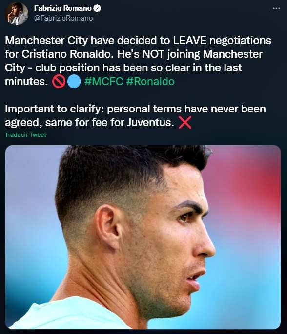 Manchester City se baja de las negociaciones por Cristiano Ronaldo (Twitter @FabrizioRomano)