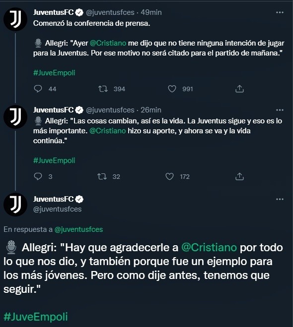 Las declaraciones de Allegri tras la salida de Cristiano Ronaldo de Juventus (Twitter @juventusfces)