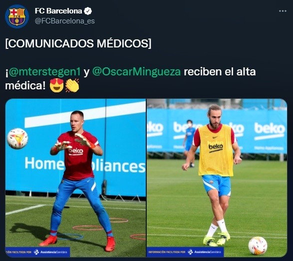 Barcelona informó que Ter Stegen y Mingueza recibieron el alta médica