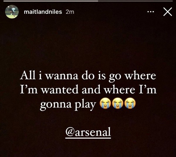Mailtand-Niles pide salir del Arsenal (Instagram @maitlandniles)