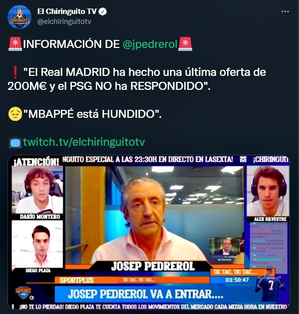 Pedrerol reveló la última oferta de Real Madrid por Mbappé (Twitter @elchiringuitotv)