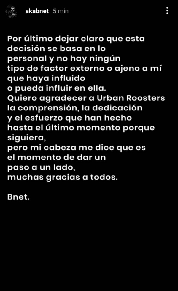 Comunicado de Bnet sobre su retiro (Instagram @akabnet)