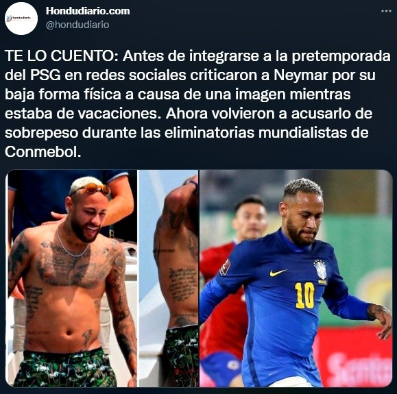 Neymar, criticado por sobrepeso (Twitter @hondudiario)