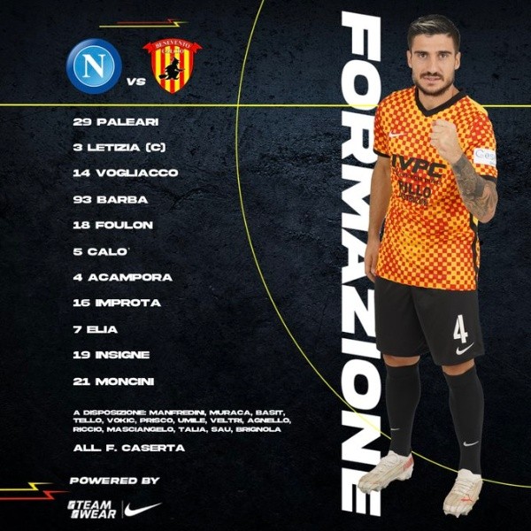 Los 11 del Benevento para visitar al Napoli. (Foto: Twitter oficial del Benevento).