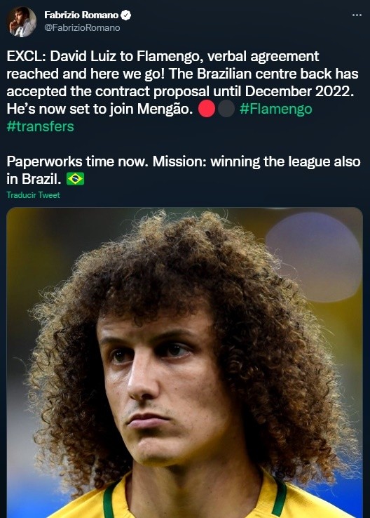 Fabrizio Romano confirma el acuerdo entre David Luiz y Flamengo