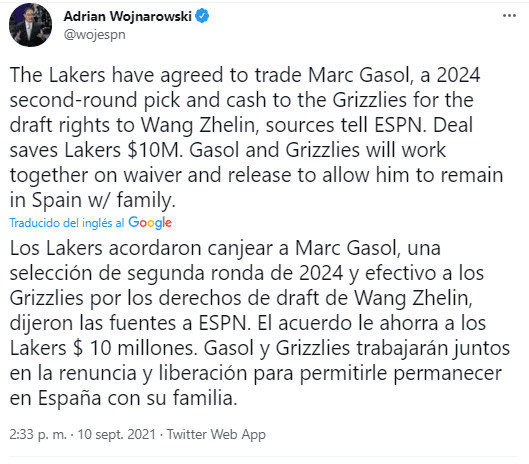 Marc Gasol sale de los Lakers (Foto: @wojespn)