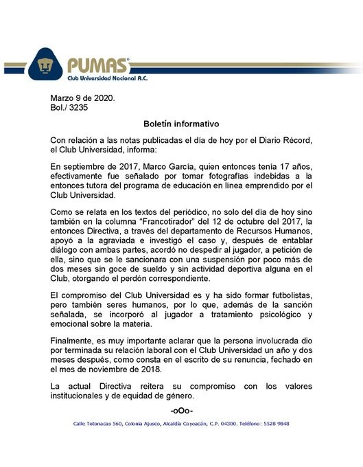 Comunicado de Pumas UNAM