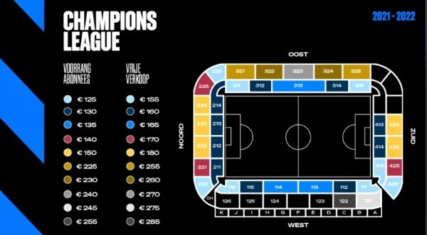 Precios de las entradas para partidos de Champions League de Brujas (Brujas sitio web oficial)